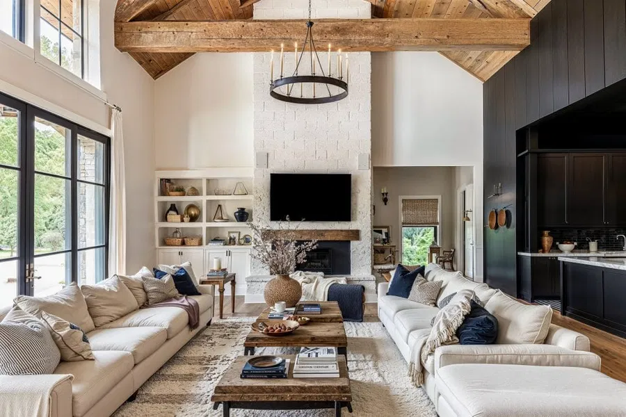 A spacious rustic-modern living room featuring soaring vaulted ceilings with heavy wood beams, two matching cream sofas, and a large stone fireplace with a mounted TV. Built-in shelving, large black-framed windows, and natural textures like wood, metal, and pottery create a warm, elevated lodge-inspired atmosphere.