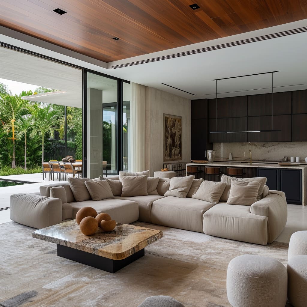 A modern open-concept living room with a low beige sectional sofa, marble coffee table, neutral rug, and large sliding glass doors opening to a lush outdoor patio.
