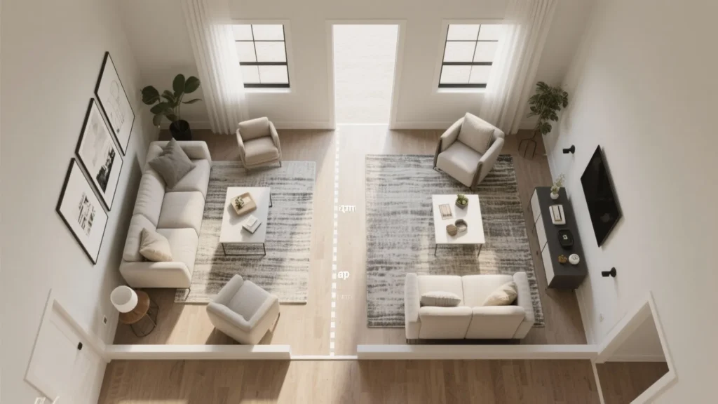 Top-down view of an open living room with two seating zones, matching rugs, and a clear central walkway to show traffic flow in an open-concept layout.