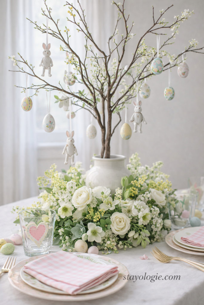 A spring tablescape features a decorative tree adorned with hanging Easter eggs and bunnies, surrounded by floral arrangements and elegantly set tableware, showcasing ideas for styling an Easter table inspired by color, memory, and mixing.