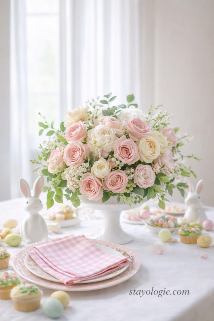 A spring-themed Easter tablescape features a floral centerpiece of pink and white roses, paired with pastel-colored treats and decorative bunny figurines on a white tablecloth.