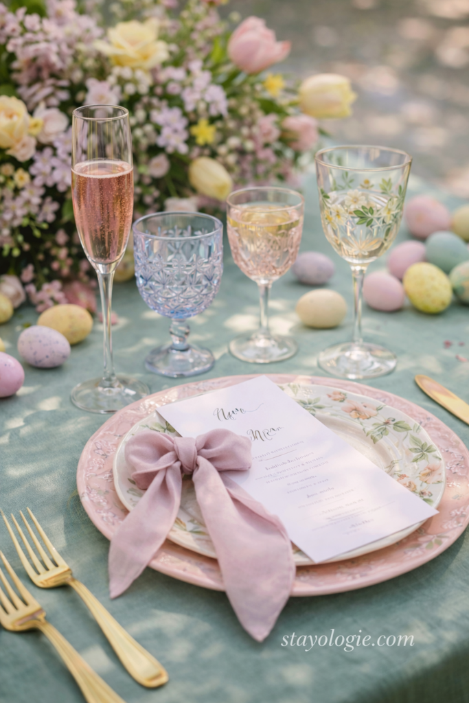 A beautifully styled Easter tablescape featuring an elegant place setting with a floral plate, a menu card, pastel Easter eggs, and an arrangement of colorful glassware, all set against a spring-themed backdrop with a floral centerpiece.