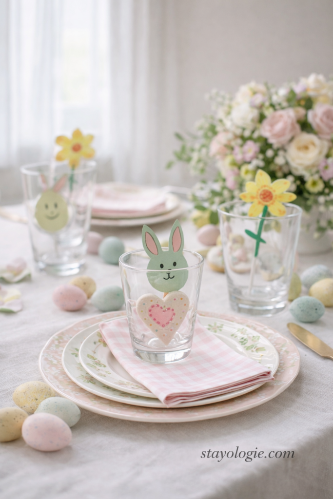 A spring-themed Easter tablescape features glasses with decorative bunny and flower toppers, pastel-colored eggs, floral arrangements, and layered plates, showcasing ideas on how to style an Easter table inspired by color, memory, and mixing.