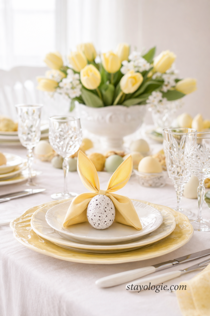 A spring tablescape features a setting for an Easter table, with a yellow tulip centerpiece, plates layered in white and yellow, and a napkin-wrapped egg, illustrating how to style an Easter table inspired by color, memory, and mixing.