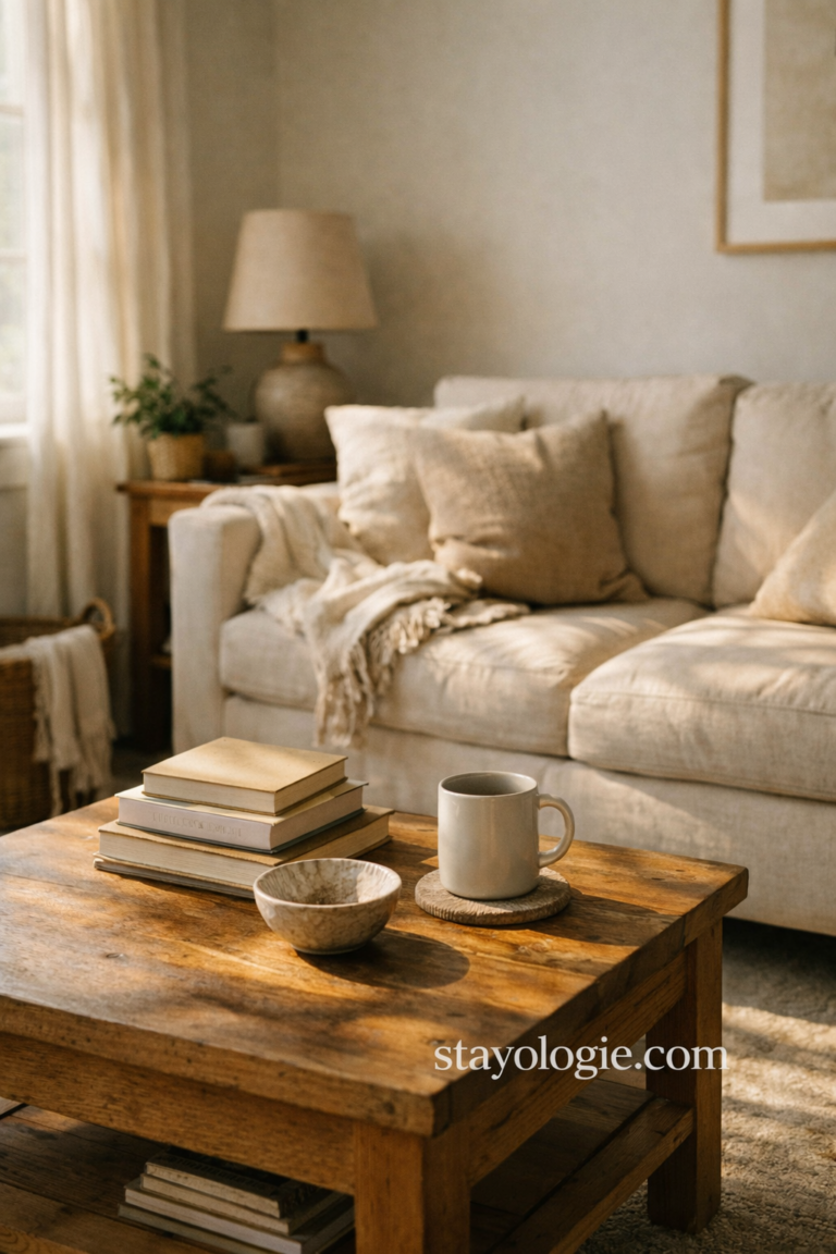 Warm, lived-in modern organic living room with soft natural light, neutral sofa, wooden coffee table, stacked books, and a ceramic mug creating a calm, welcoming home atmosphere.