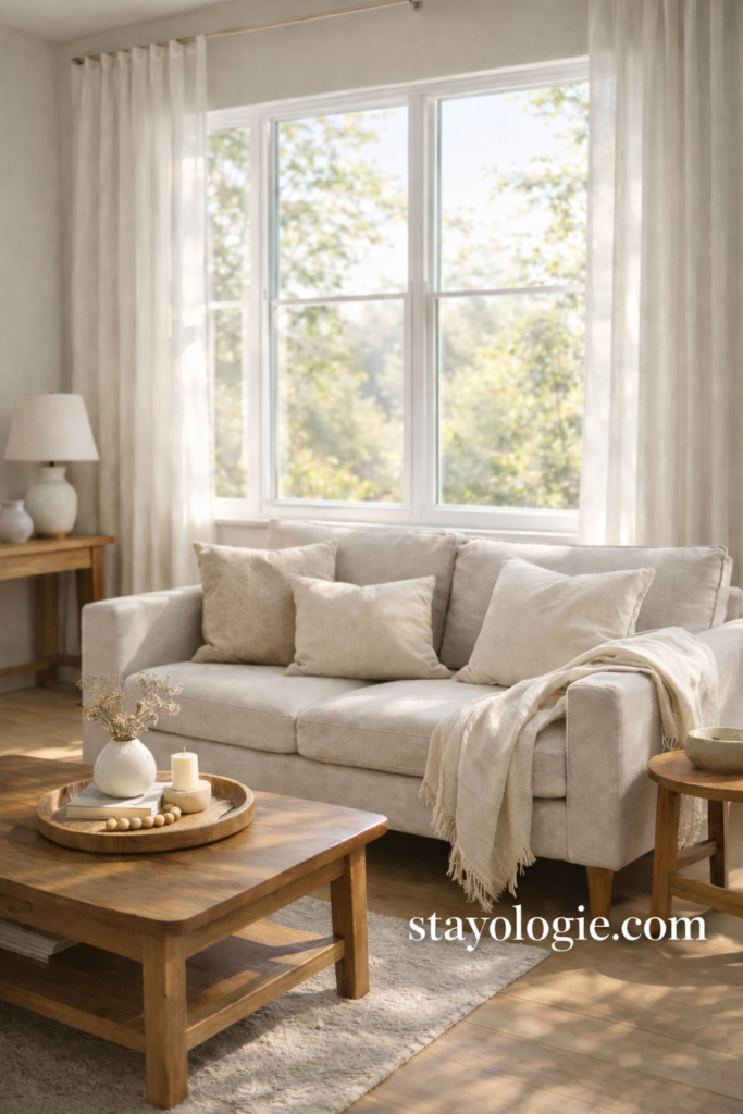 Bright, airy spring living room with a neutral sofa, soft beige and ivory linen pillows, sheer white curtains, warm wood furniture, and gentle natural light creating a calm, modern organic space.