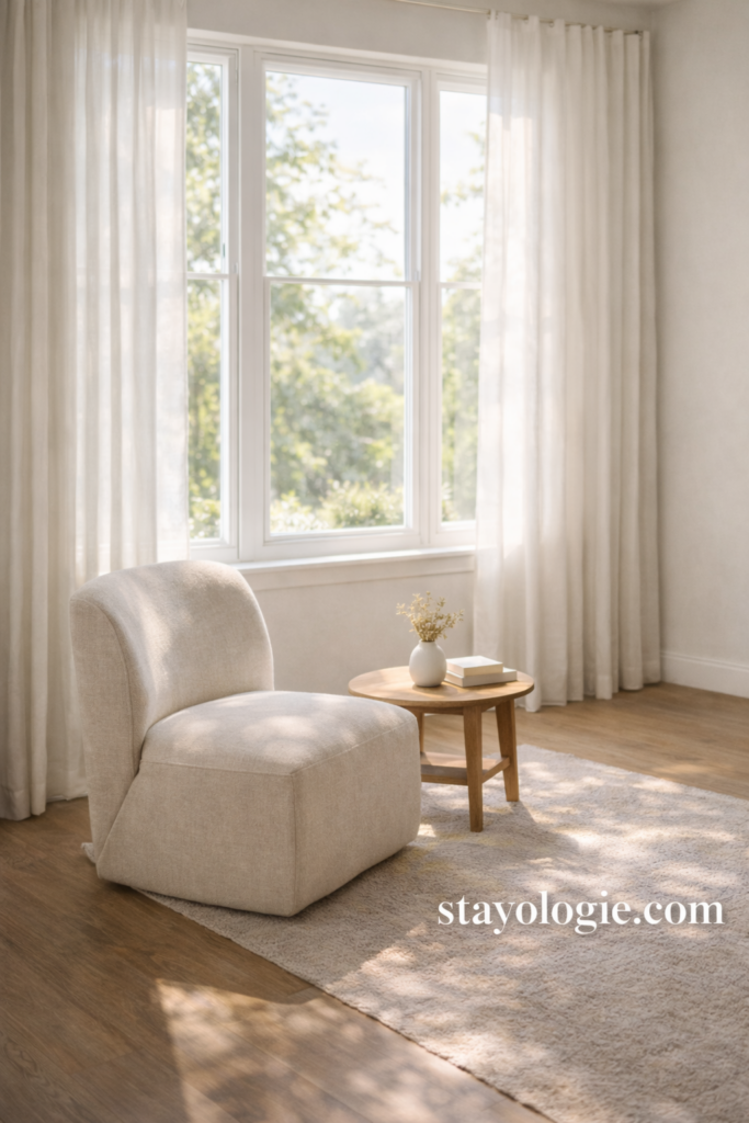 Bright spring living room corner with a soft upholstered accent chair, sheer white curtains, warm wood floors, and natural sunlight creating an airy, calm atmosphere.