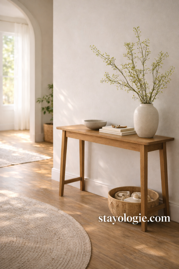 Minimal entryway with a warm wood console table styled with neutral ceramics, a woven basket, soft greenery, and gentle natural light for a calm, modern look.