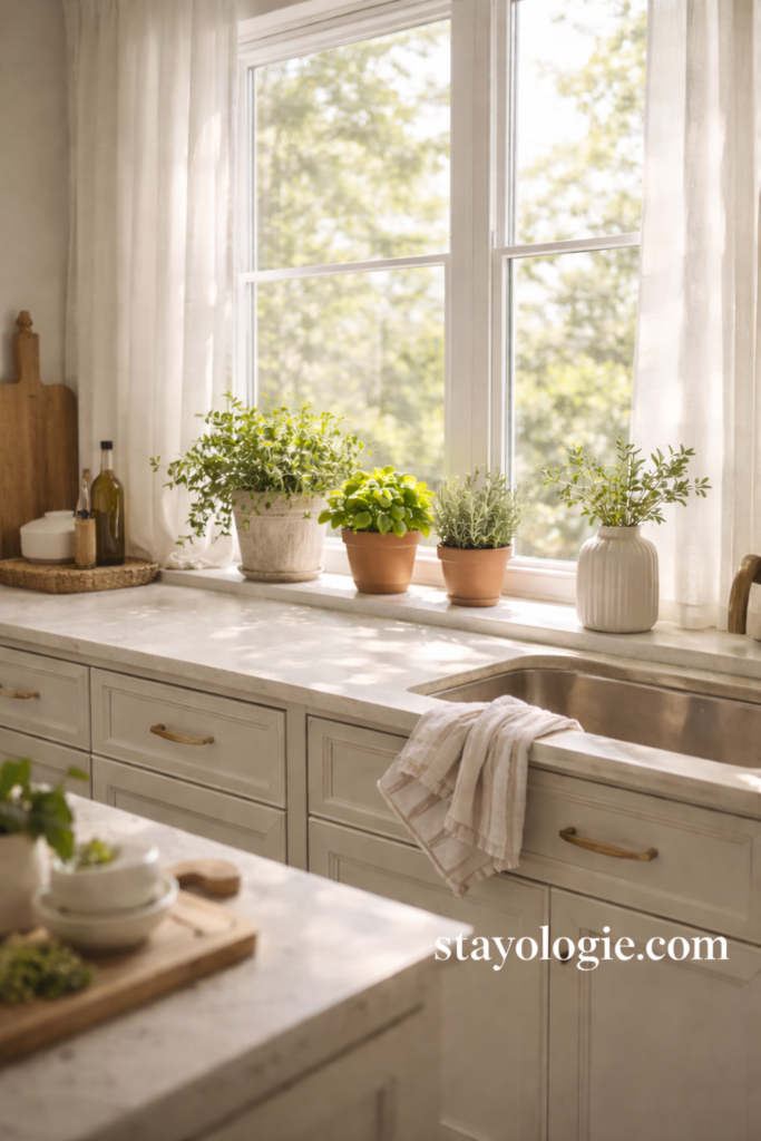 Sunlit kitchen windowsill with potted herbs, sheer curtains, light cabinetry, and warm wood accents creating a fresh, spring-inspired space.