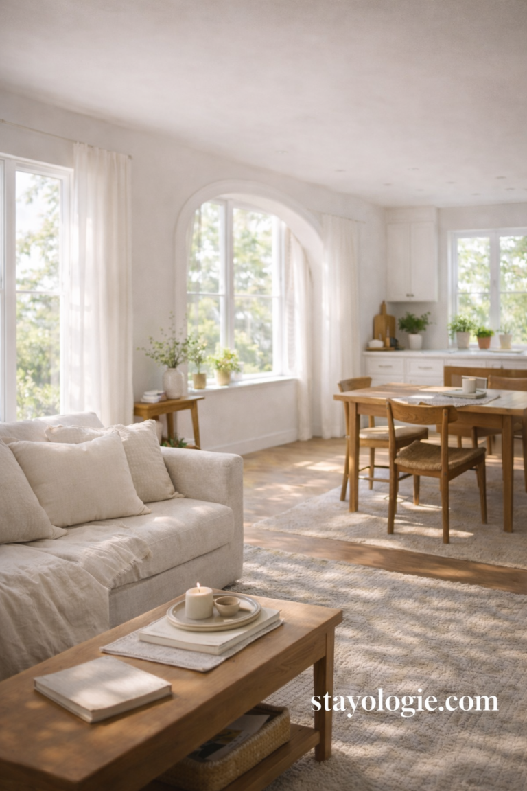 Bright, airy spring living and dining space with a neutral sofa, sheer white curtains, warm wood furniture, soft natural light, and an open, calming layout.
