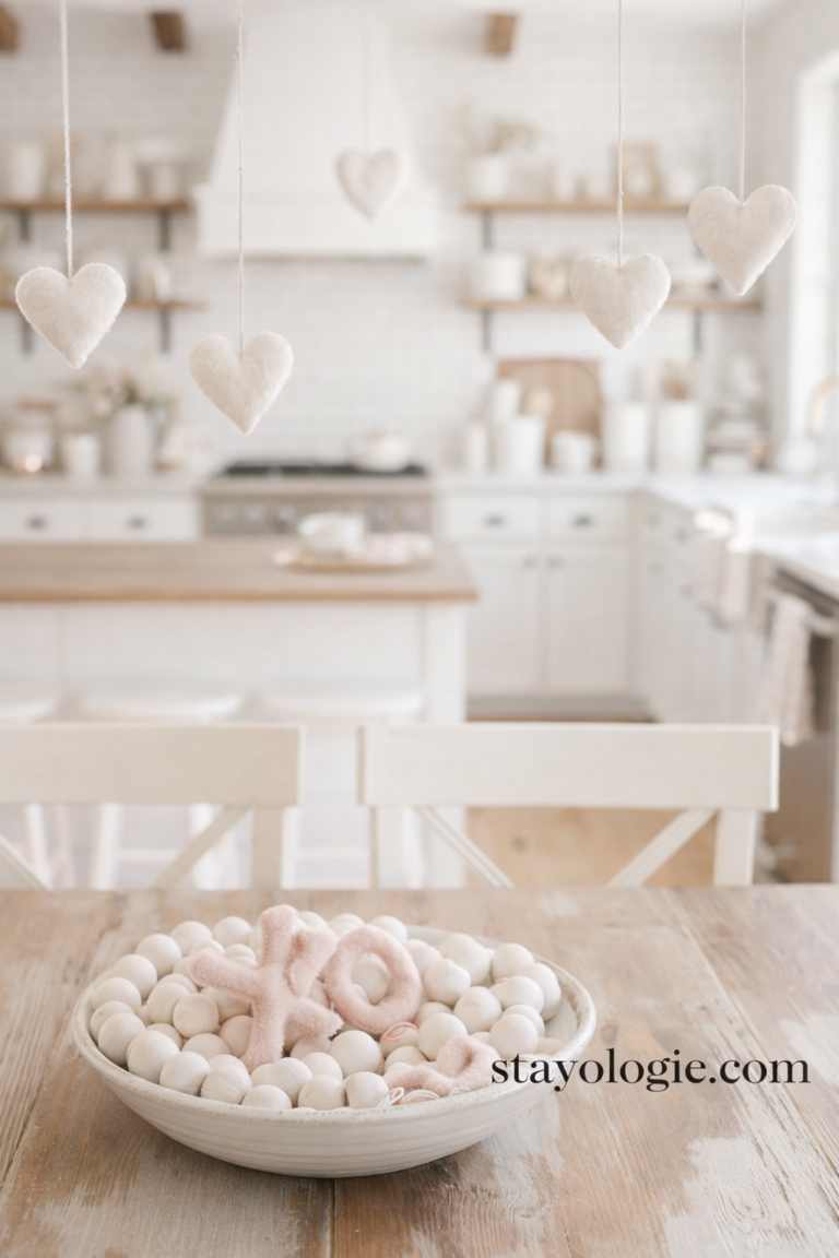 Neutral farmhouse kitchen Valentine decor with hanging fabric hearts, wooden bead bowl centerpiece, and soft blush accents in a bright, airy space.