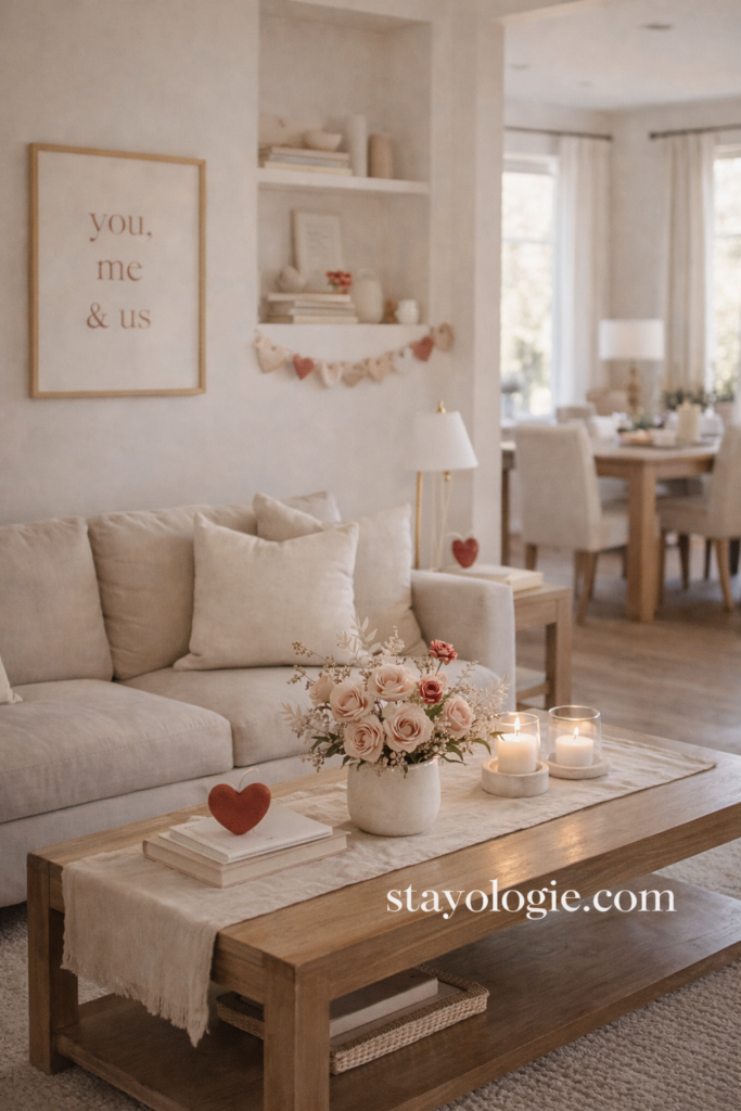 Modern organic open-concept living room with subtle Valentine decor, featuring neutral furnishings, soft red accents, a ceramic heart, framed romantic art, and warm candlelight.